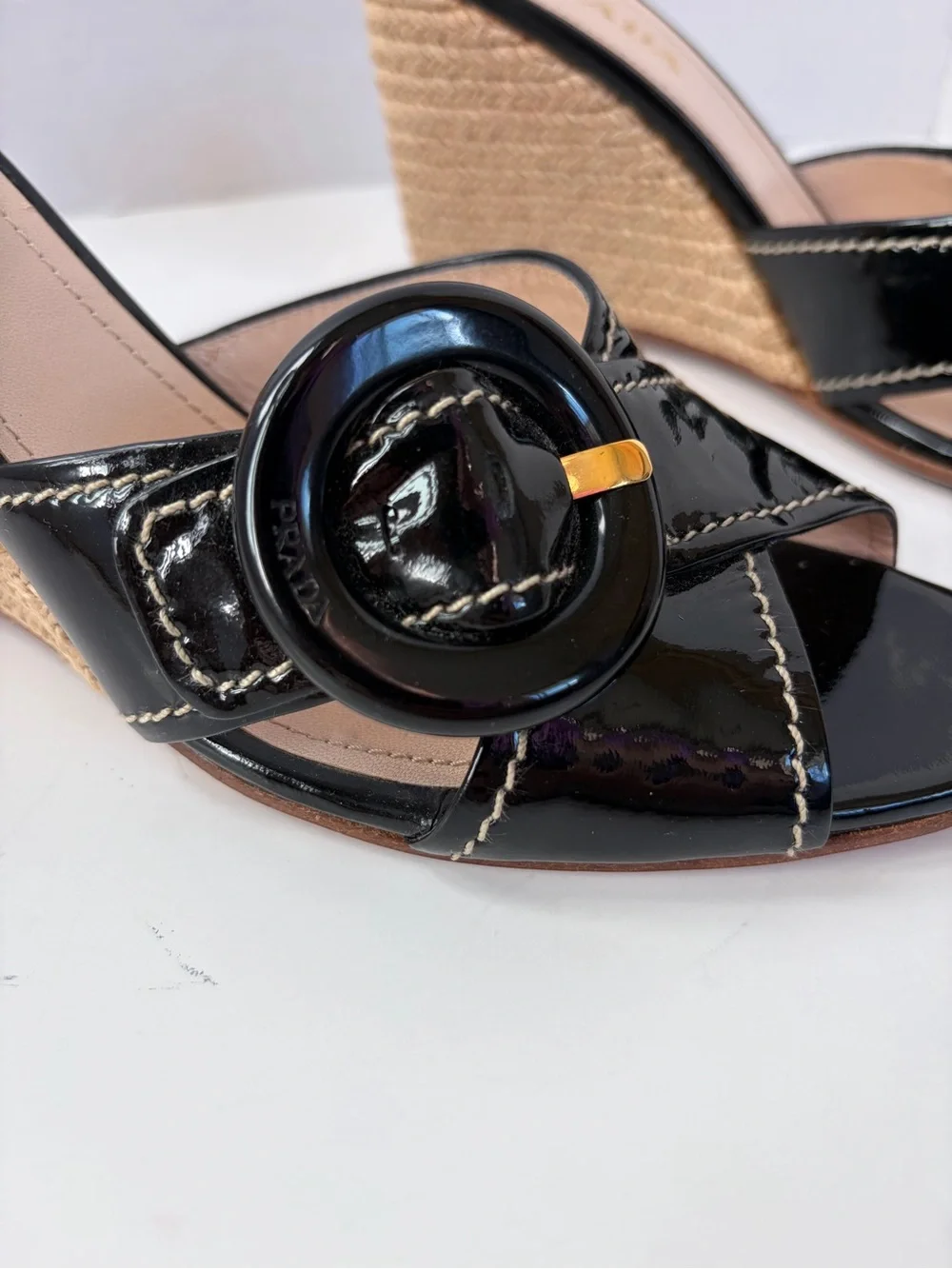 Prada Espadrille Wedge Sandals Vernice Buckle Patent Leather Black Size 38.5
